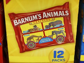 A multi-pack box of Nabisco Barnum's Animals crackers on the shelf of a local grocery store in Des Moines, Iowa, on Monday, Aug. 20, 2018.