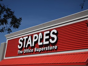The sign logo for a Staples store is seen on February 3, 2015 in Miami, Florida.