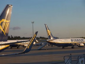 Planes of Irish low cost airline Ryanair are seen standing on the airfield on August 10, 2018 at the Frankfurt-Hahn Airport in Hahn, western Germany, as pilots of the company staged a strike. - Ryanair pilots across Europe staged their first simultaneous strike as they ramped up a battle for better pay and conditions, plunging tens of thousands of passengers into travel chaos during the busy summer season. The Irish no-frills airline was forced to scrap some 400 out of 2,400 scheduled European flights as pilots in Ireland, Germany, Belgium, Sweden and the Netherlands walked off the job.