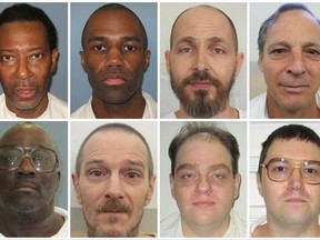 This combination of photos provided by the Alabama Department of Corrections in August 2018 shows some of the state's death row inmates who are asking to have their executions carried out by nitrogen gas. Top row from left are Charles Lee Burton, Demetrius Frazier, Carey Dale Grayson and Gregory Hunt. Bottom row from left are Robin Myers, David Lee Roberts, Geoffrey West and David Wilson. (Alabama Department of Corrections via AP)