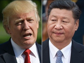 This combination of file photos created on September 18, 2017 shows U.S. President Donald Trump speaking about Hurricane Irma upon in Washington, D.C. on September 10, 2017 and a photo taken on September 13, 2017 showing Chinese President Xi Jinping during a welcome ceremony outside the Great Hall of the People during a welcome ceremony for Sultan of Brunei Hassanal Bolkiah (not seen) in Beijing. (NICOLAS ASFOURI/AFP/Getty Images)
