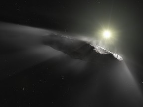 A photo released by the European Space Agency on June 27, 2018 shows an artist's impression of the first interstellar object discovered in the Solar System, `Oumuamua.