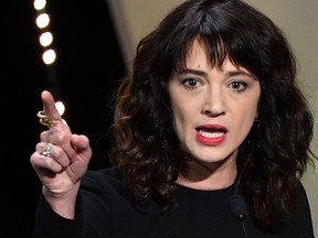 In this file photo taken on May 19, 2018 Italian actress Asia Argento speaks on stage  during the closing ceremony of the 71st edition of the Cannes Film Festival in Cannes, southern France.