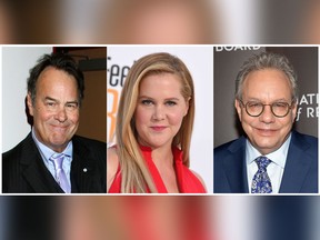 This combination photo shows comedians, from left, Dan Aykroyd, Amy Shumer and Lewis Black, who are scheduled to appear during this week’s grand opening celebration for The National Comedy Center in Jamestown, N.Y.