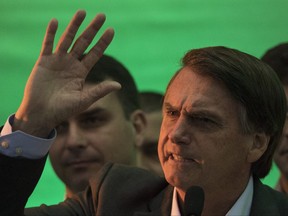 Presidential candidate Jair Bolsonaro speaks to supporters during the National Social Liberal Party convention where he accepted the party's nomination in Rio de Janeiro, Brazil, on July 22, 2018.