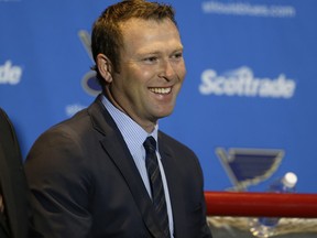 In this Jan. 29, 2015, file photo, St. Louis Blues' Martin Brodeur takes part in a news conference to announce his retirement as an NHL player, in St. Louis. (AP Photo/Jeff Roberson, File)