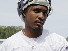 In this June 14, 2018 file photo, Minnesota Vikings wide receiver Cayleb Jones leaves the field after practice in Eagan, Minn. (AP Photo/Jim Mone, File)