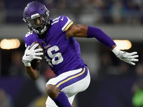 Cayleb Jones of the Minnesota Vikings carries the ball against the Miami Dolphins during the third quarter in the preseason game on Aug. 31, 2017 at U.S. Bank Stadium in Minneapolis, Minn.