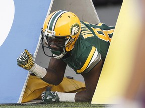 Edmonton Eskimos receiver D'haquille Williams (81) celebrates a touchdown against the Montreal Alouettes in Edmonton, Alta., on Saturday August 18, 2018. (THE CANADIAN PRESS/Jason Franson)