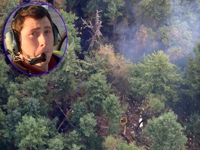 The site on Ketron Island in Washington state where an Horizon Air turboprop plane crashed after it was stolen from Sea-Tac International Airport is seen from the air, Saturday, Aug. 11, 2018, near Steilacoom, Wash. Richard Russell (inset) died in the crash. (AP Photo/Ted S. Warren/Richard Russell/YouTube via AP)