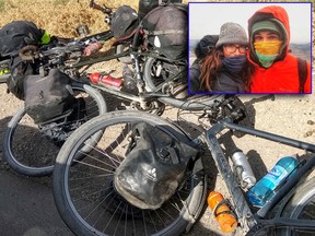 In this photo taken on Sunday, July 29, 2018, cycles are left where four tourists were killed when a car rammed into a group of foreigners on bicycles south of the capital of Dushanbe, Tajikistan. U.S. couple Lauren Geoghegan and Jay Austin (inset) were two of the victims. (AP Photo/Zuly Rahmatova/Instagram/HO)