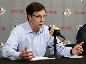 In this May 18, 2016, file photo, Nashville Predators general manager David Poile answers questions during a news conference in Nashville, Tenn.  (AP Photo/Mark Humphrey, File)