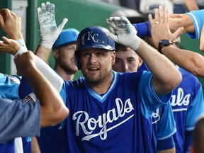 Lucas Duda of the Kansas City Royals celebrates his home run with teammates in the sixth inning against the Cleveland Indians at Kauffman Stadium on Aug. 25, 2018 in Kansas City, Mo.