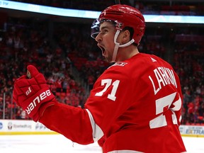 Dylan Larkin of the Detroit Red Wings celebrates while playing the Ottawa Senators at Little Caesars Arena on March 31, 2018 in Detroit. (Gregory Shamus/Getty Images)