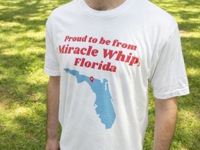 This undated photo provided by the Kraft Heinz Company shows a person wearing a  "Miracle Whip" shirt.