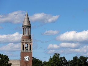 A general view of the Bell Tower on the campus of the North Carolina Tar Heels on October 4, 2014 in Chapel Hill, North Carolina.