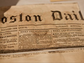 Newspapers found in a 1795 time capsule, are displayed at the Museum of Fine Arts on January 6, 2015, in Boston, Massachusetts.