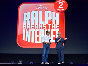 Director Phil Johnston (L) and director Rich Moore of Ralph Breaks The Internet: Wreck-It Ralph 2 took part in the Walt Disney Studios animation presentation at Disney's D23 EXPO 2017 in Anaheim, Calif., on July 14, 2017.