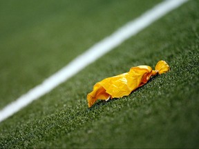 A penalty flag on the field during a game between the Texas Tech Red Raiders and the Texas Longhorns at Darrell K Royal-Texas Memorial Stadium on September 19, 2009 in Austin, Texas.