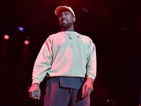 Kanye West onstage at adidas Creates 747 Warehouse St. - an event in basketball culture on February 17, 2018 in Los Angeles, California.