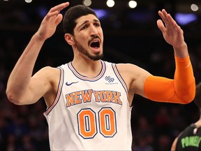 Enes Kanter of the New York Knicks reacts in the second quarter against the Dallas Mavericks during their game at Madison Square Garden on March 13, 2018 in New York City.