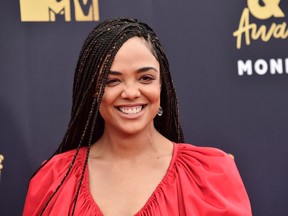 Tessa Thompson attends the 2018 MTV Movie And TV Awards at Barker Hangar on June 16, 2018 in Santa Monica, California. (Photo by Alberto E. Rodriguez/Getty Images for MTV)