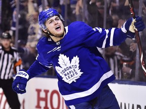 In this April 23 file photo, Toronto Maple Leafs forward William Nylander celebrates his goal against the Boston Bruins in the first round of the playoffs.