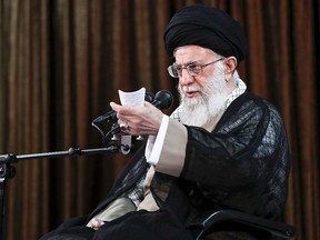 A handout picture provided by the office of Iran's Supreme Leader Ayatollah Ali Khamenei on July 21, 2018 shows him speaking during a meeting with foreign ministry officials in the capital Tehran. (Getty Images)