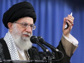 Supreme Leader Ayatollah Ali Khamenei speaks at a meeting in Tehran, Iran, Monday, Aug. 13, 2018. (Office of the Iranian Supreme Leader via AP)