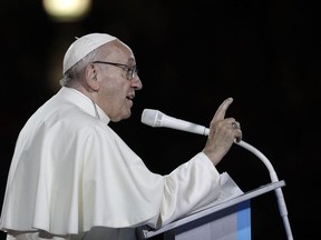 Pope Francis speaks during the Festival of Families at the Croke Park Stadium in Dublin, Ireland, Saturday, Aug. 25, 2018. Pope Francis is on a two-day visit to Ireland.