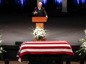 Former Vice President Joe Biden gives a tribute during a memorial service at North Phoenix Baptist Church for Sen. John McCain, R-Ariz., in Phoenix on Thursday, Aug. 30, 2018.