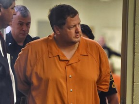 In this Sunday, Nov. 6, 2016, file photo, Todd Kohlhepp enters the courtroom of Judge Jimmy Henson for a bond hearing at the Spartanburg Detention Facility in Spartanburg, S.C. (AP Photo/Richard Shiro, File)