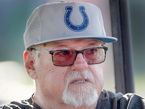 Bob Lamey watches the Indianapolis Colts NFL football team practice in Westfield, Ind., Thursday, Aug. 2, 2018.