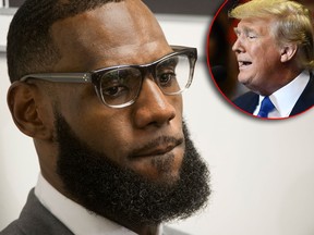 In this July 30, 2018 file photo LeBron James listens to a question at a news conference after the opening ceremony for the I Promise School in Akron, Ohio. U.S. President Donald Trump (inset) took a shot at the basketball great on Twitter Friday, Aug. 3, 2018.
(AP Photo/Phil Long, File/MANDEL NGAN/AFP/Getty Images)