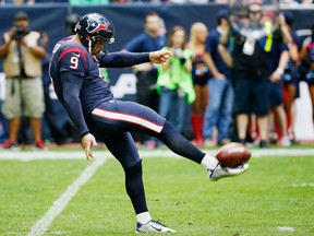 Shane Lechler of the Houston Texans of the Houston Texans in action during their game against the Tennessee Titans at NRG Stadium on Nov. 30, 2014 in Houston, Texas.