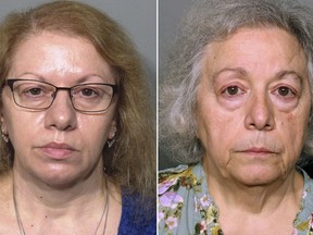 This pair of photos released Monday, Aug. 13, 2018, by the New Canaan Police Department show Joanne Pascarelli, left, of Stratford, Conn., and her sister Marie Wilson, right, of Wilton, Conn., former cafeteria workers charged with stealing nearly a half-million dollars from New Canaan, Conn., schools over the last five years. (New Canaan Police Department via AP)
