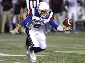 Montreal Alouettes quarterback Johnny Manziel (2) loses control of the ball against the Ottawa Redblacks, in Ottawa on Saturday, Aug. 11, 2018. (THE CANADIAN PRESS/Justin Tang)