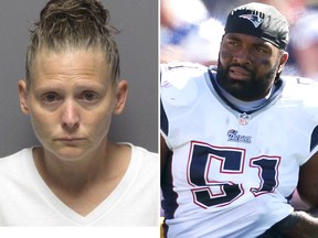 Amelia Ferreira (L) says she did not cause the death of Jerod Mayo's dog.  (Cranston Police Handout/Tom Szczerbowski/Getty Images)