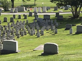 A wooden spike and an orange traffic cone mark the spot, Saturday, Aug. 25, 2018 where Sen. John McCain, R-Ariz., will be buried on the grounds of the U. S. Navel Academy in Annapolis, Md.