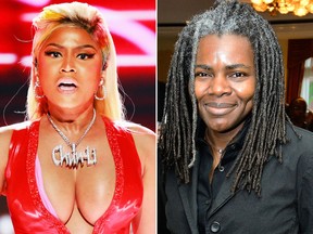 Nicki Minaj (L) has had to drop the track "Sorry" which sampled Tracy Chapman's "Baby Can I Hold You" from her upcoming album "Queen."