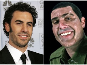 This combination photo shows Sacha Baron Cohen at the 64th Annual Golden Globe Awards in Beverly Hills, Calif., on  Jan. 15, 2007, left, and Cohen portraying retired Israeli Colonel Erran Morad in a still from the Showtime series, "Who Is America?" (AP Photo/Kevork Djansezian, left, and Showtime)