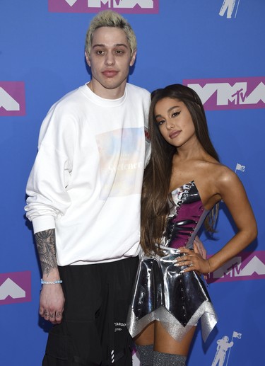 Pete Davidson, left, and Ariana Grande arrive at the MTV Video Music Awards at Radio City Music Hall on Monday, Aug. 20, 2018, in New York. (Evan Agostini/Invision/AP)