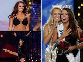 Cara Mund is seen in the swimsuit and dance competitions at Miss America 2018 in these 2017 file photos. She is seen (r) getting the crown and sash from Miss America 2017 Savvy Shields. (Judy Eddy/WENN.com/Noah K. Murray/AP/Donald Kravitz/Getty Images for Dick Clark Productions)
