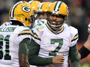 In this Dec. 10, 2017, file photo, Green Bay Packers quarterback Brett Hundley celebrates during an NFL game against the Cleveland Browns in Cleveland.