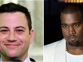This combo of photos shows Jimmy Kimmel seen in a Jan. 25, 2013 photo left and Kanye West seen in a May 23, 2012 photo. (AP Photo/File)