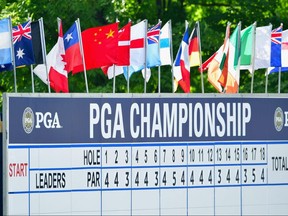 A detail of the leaderboard during a practice round prior to the 2018 PGA Championship at Bellerive Country Club in St Louis on Wednesday, Aug. 8, 2018.