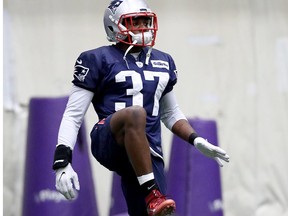 Jordan Richards of the New England Patriots warms up during the New England Patriots practice on Feb. 1, 2018 at Winter Park in Eden Prairie, Minn.