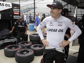 Robert Wickens, of Guelph, Ont., waits in the pits before a practice session for the Indianapolis 500 auto race at Indianapolis Motor Speedway on Monday, May 21, 2018. (THE CANADIAN PRESS/AP-Darron Cummings)