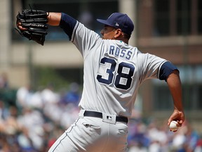 San Diego Padres starting pitcher Tyson Ross delivers during the first inning of a baseball game against the Chicago Cubs, on Friday, Aug. 3, 2018.