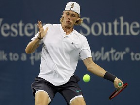 Denis Shapovalov returns a shot to Kyle Edmund during the Western & Southern Open at Lindner Family Tennis Center on August 14, 2018 in Mason, Ohio. (Matthew Stockman/Getty Images)